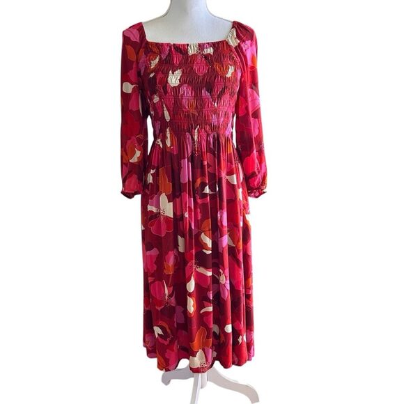 Black Rainn Floral Smocked Midi Dress Size Medium - Picture 1 of 8